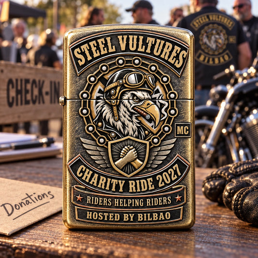 Steel Vultures custom motorcycle club lighter displaying Charity Ride 2027, Riders Helping Riders and Bilbao host chapter.
