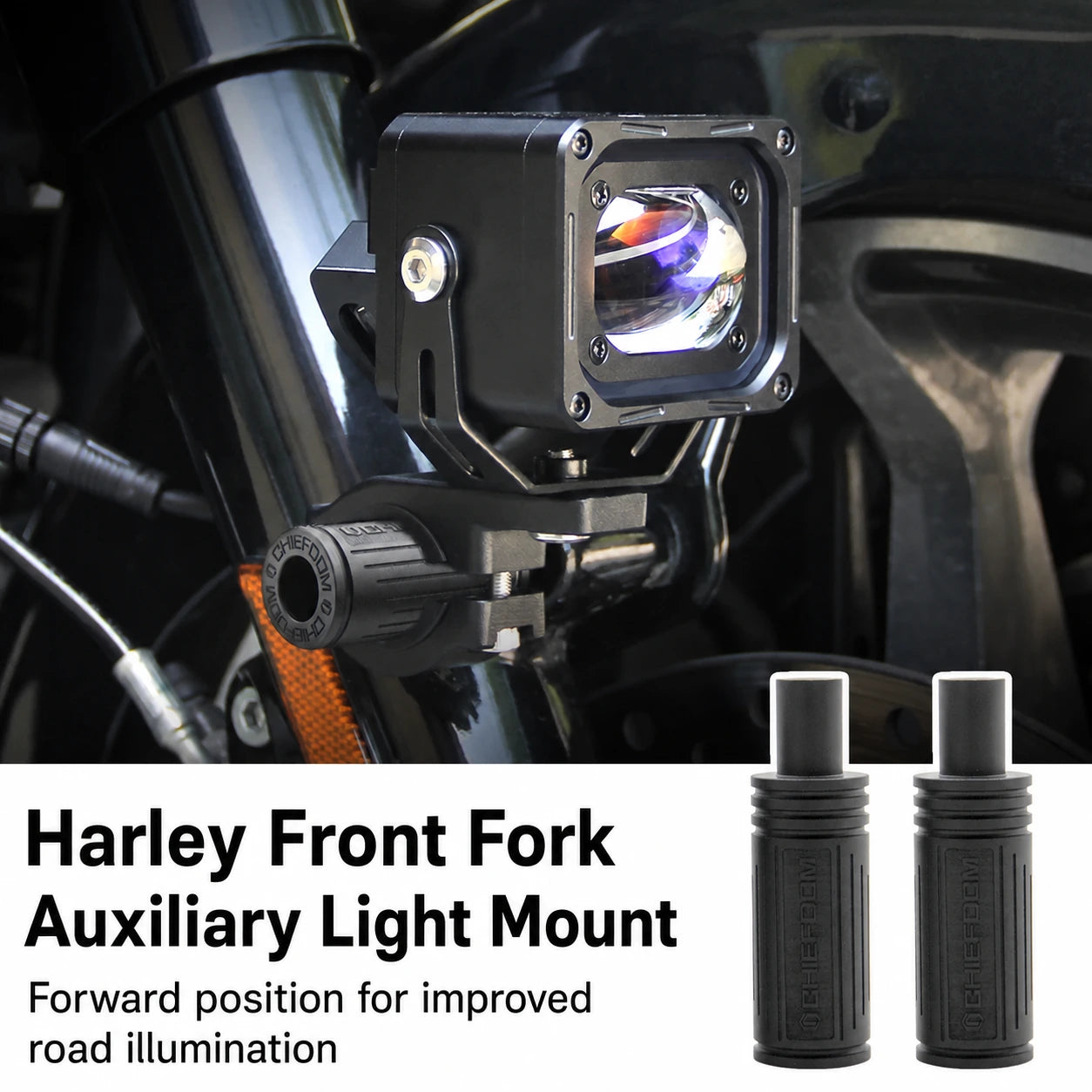 Chiefdom Harley auxiliary light mount installed on a standard front fork