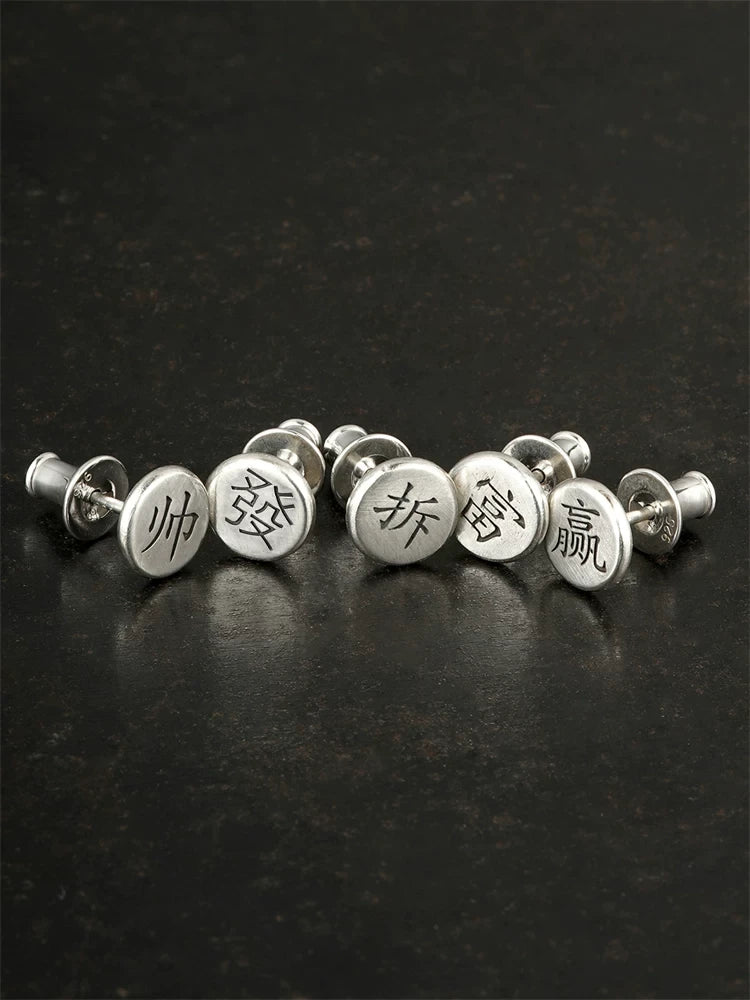 Chinese Character Sterling Silver Biker Stud Earring detail view 2