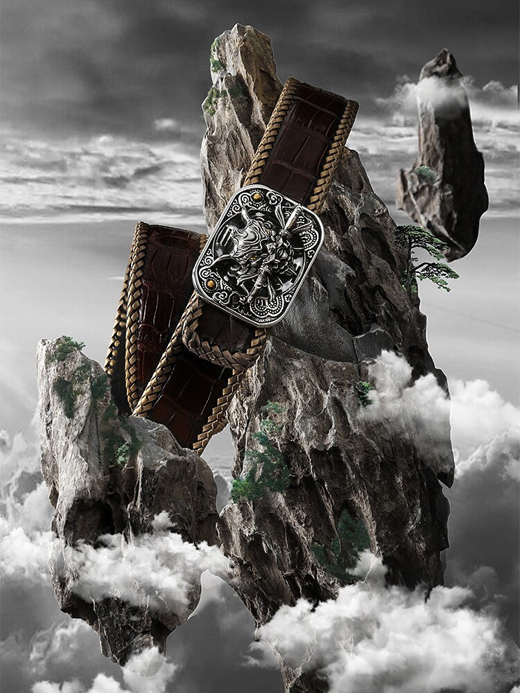Chiwen Dragon Silver Crocodile Leather Biker Belt — product view