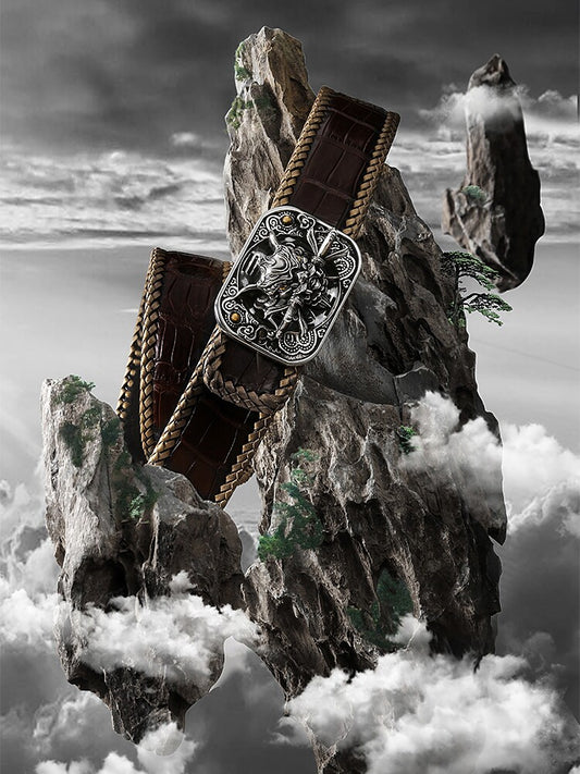 Chiwen Dragon Silver Crocodile Leather Biker Belt — product view