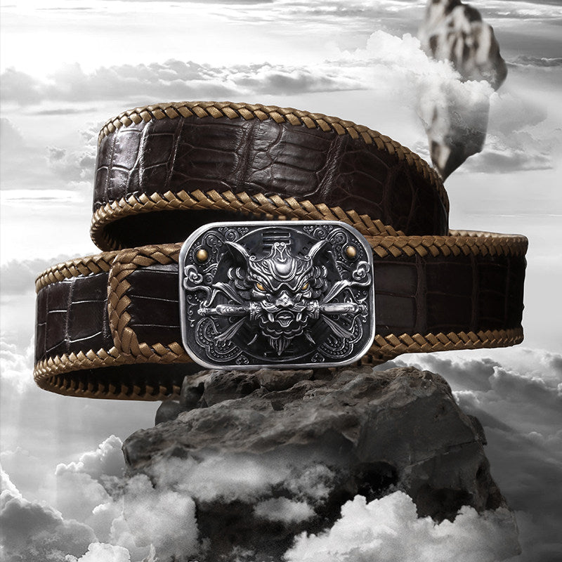 Chiwen Dragon Silver Crocodile Leather Biker Belt — detail view 1