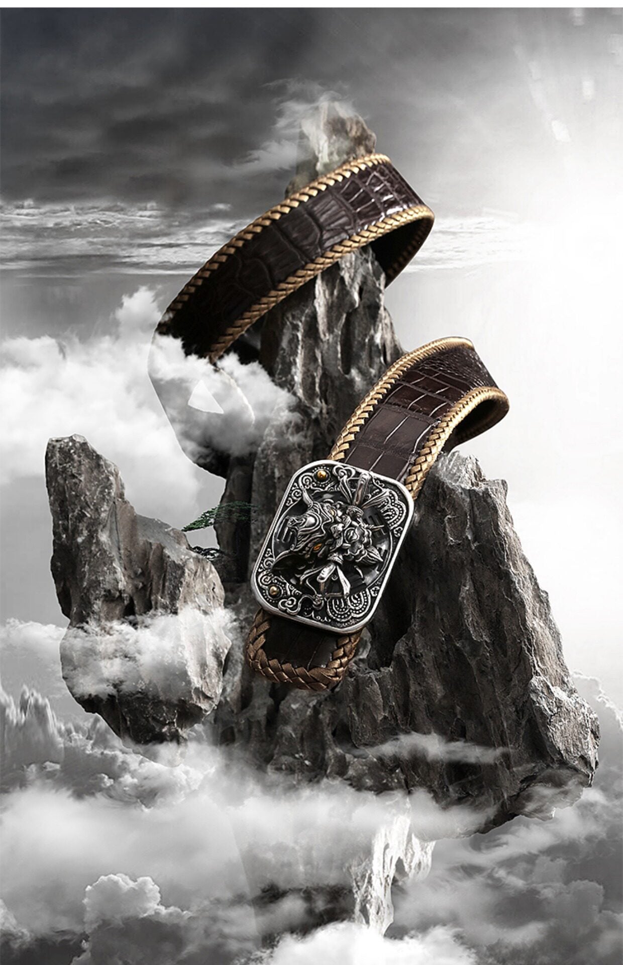 Chiwen Dragon Silver Crocodile Leather Biker Belt — detail view 2