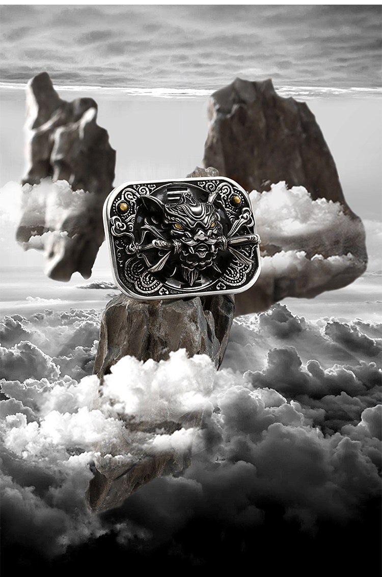 Chiwen Dragon Silver Crocodile Leather Biker Belt — detail view 4