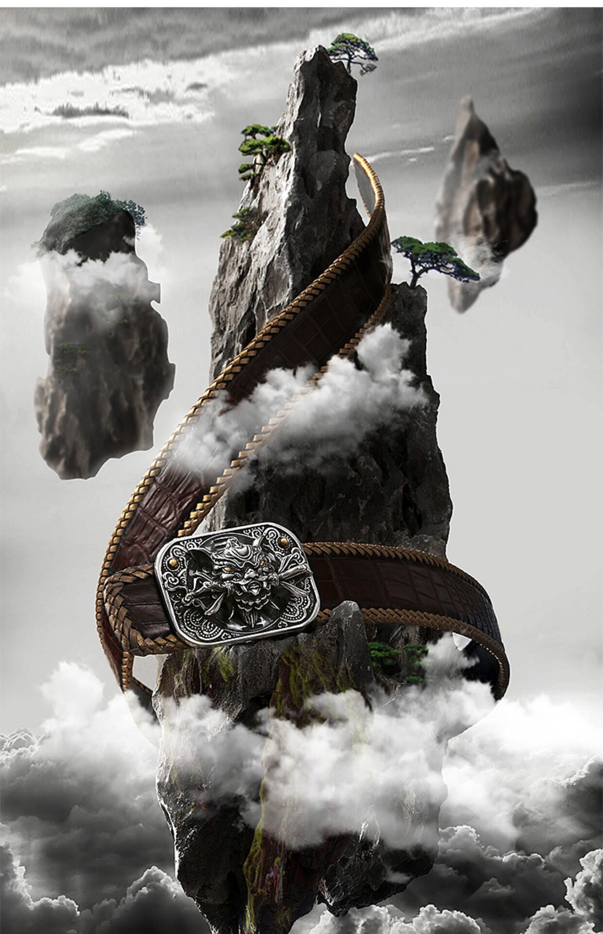 Chiwen Dragon Silver Crocodile Leather Biker Belt — detail view 6