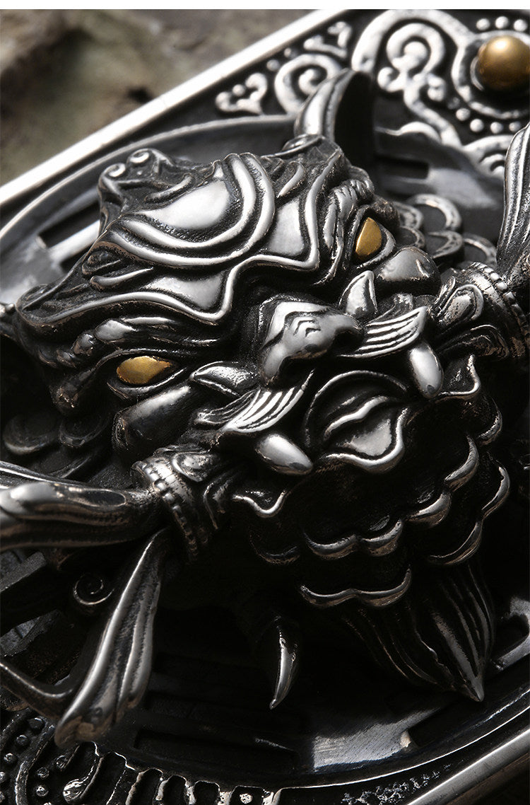 Chiwen Dragon Silver Crocodile Leather Biker Belt — detail view 12