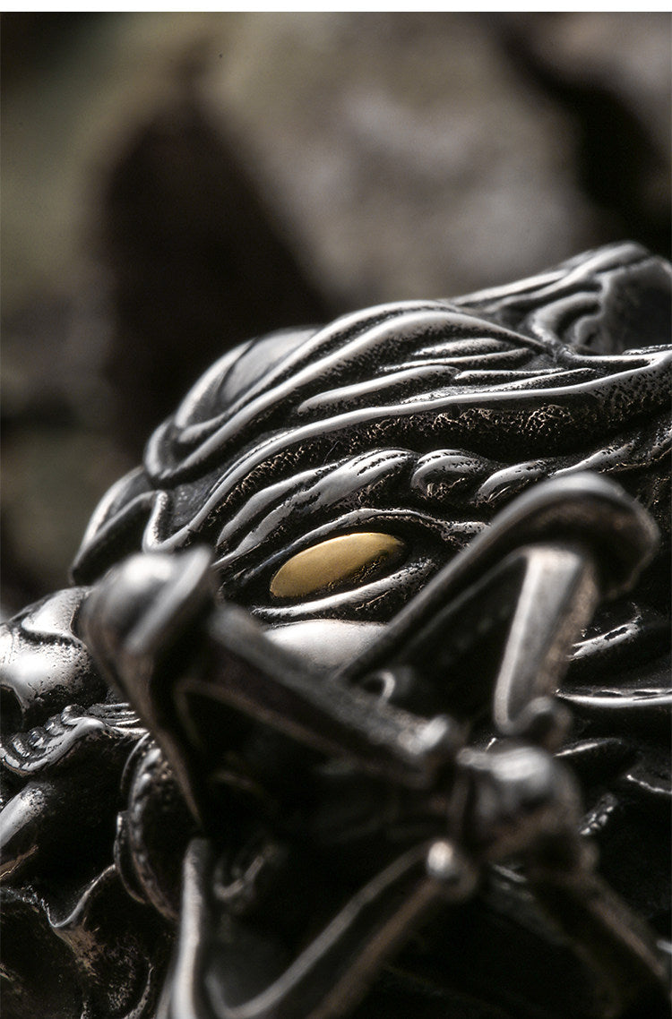 Chiwen Dragon Silver Crocodile Leather Biker Belt — detail view 14
