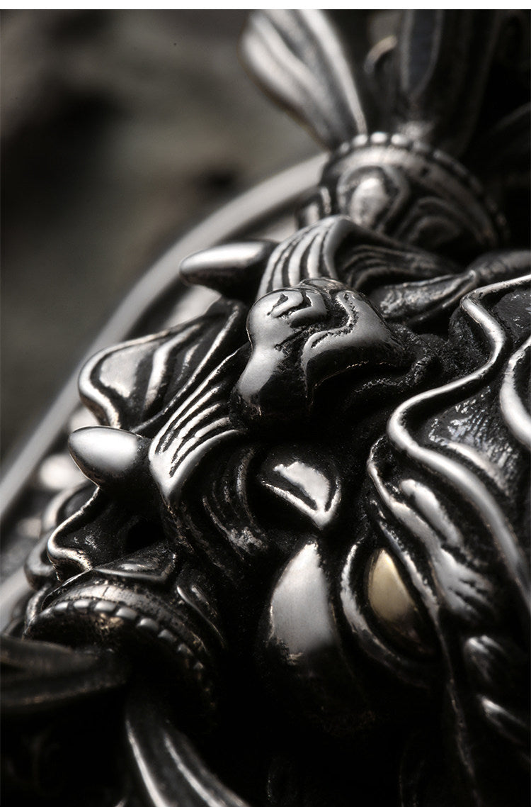 Chiwen Dragon Silver Crocodile Leather Biker Belt — detail view 15
