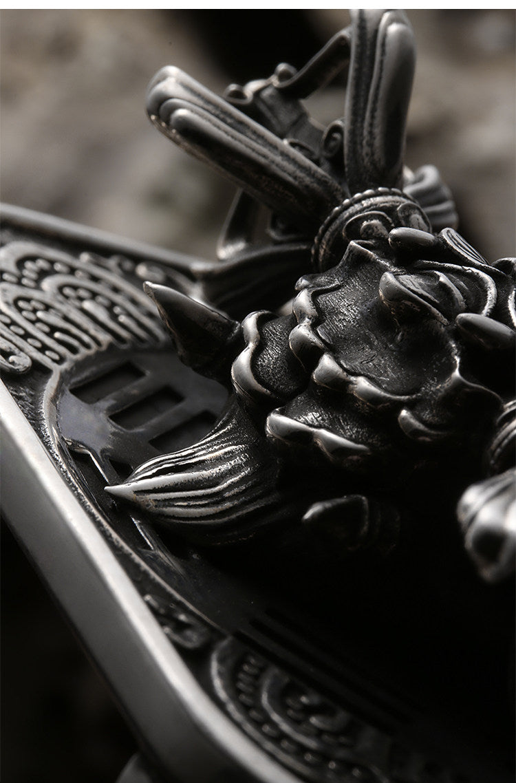 Chiwen Dragon Silver Crocodile Leather Biker Belt — detail view 16