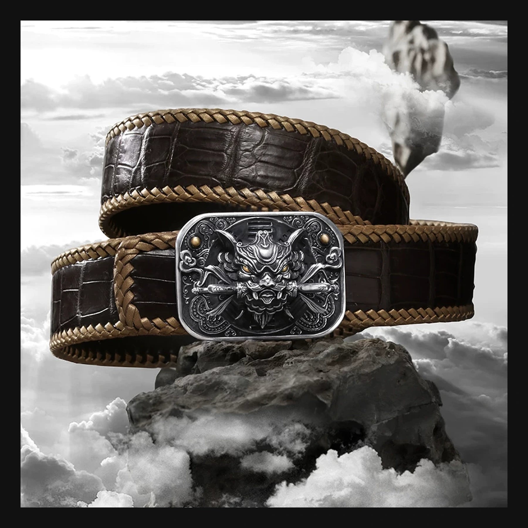 Chiwen Dragon Silver Crocodile Leather Biker Belt product view