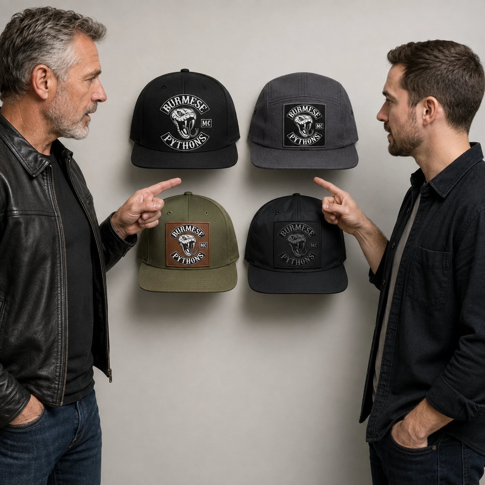 A motorcycle club rider chooses among flat-brim cap constructions, colors, and decoration samples.