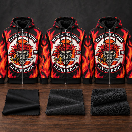The same Black Harbor Liverpool motorcycle club full-zip flame hoodie shown with three different fabric weights.