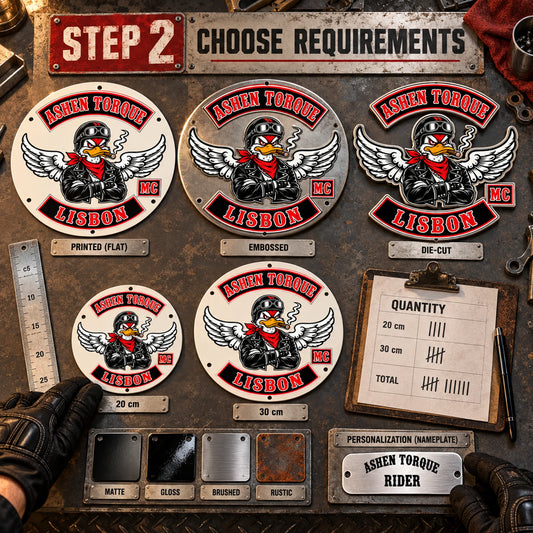 Custom motorcycle club sign requirements being selected from size shape finish and quantity samples.