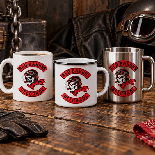 Complete ceramic, enamel and stainless mug trio, each carrying the same club emblem, arranged to compare style and material.
