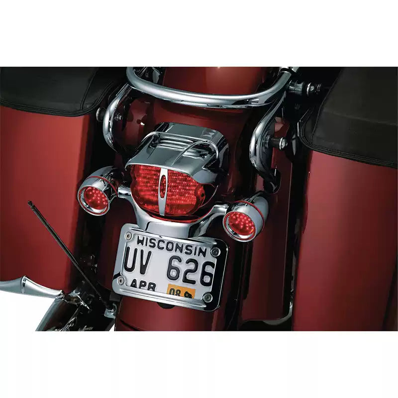 Chrome skull tail light cover on a Harley-Davidson rear lighting assembly