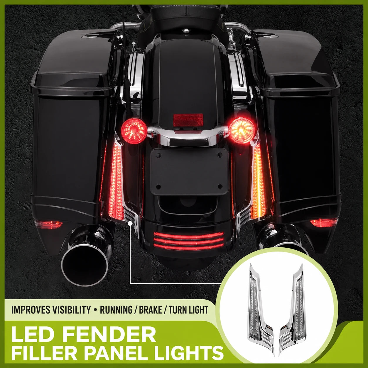 Ciro 40022 and 40023 rear fender filler panel LED lights installed on a Harley Touring motorcycle
