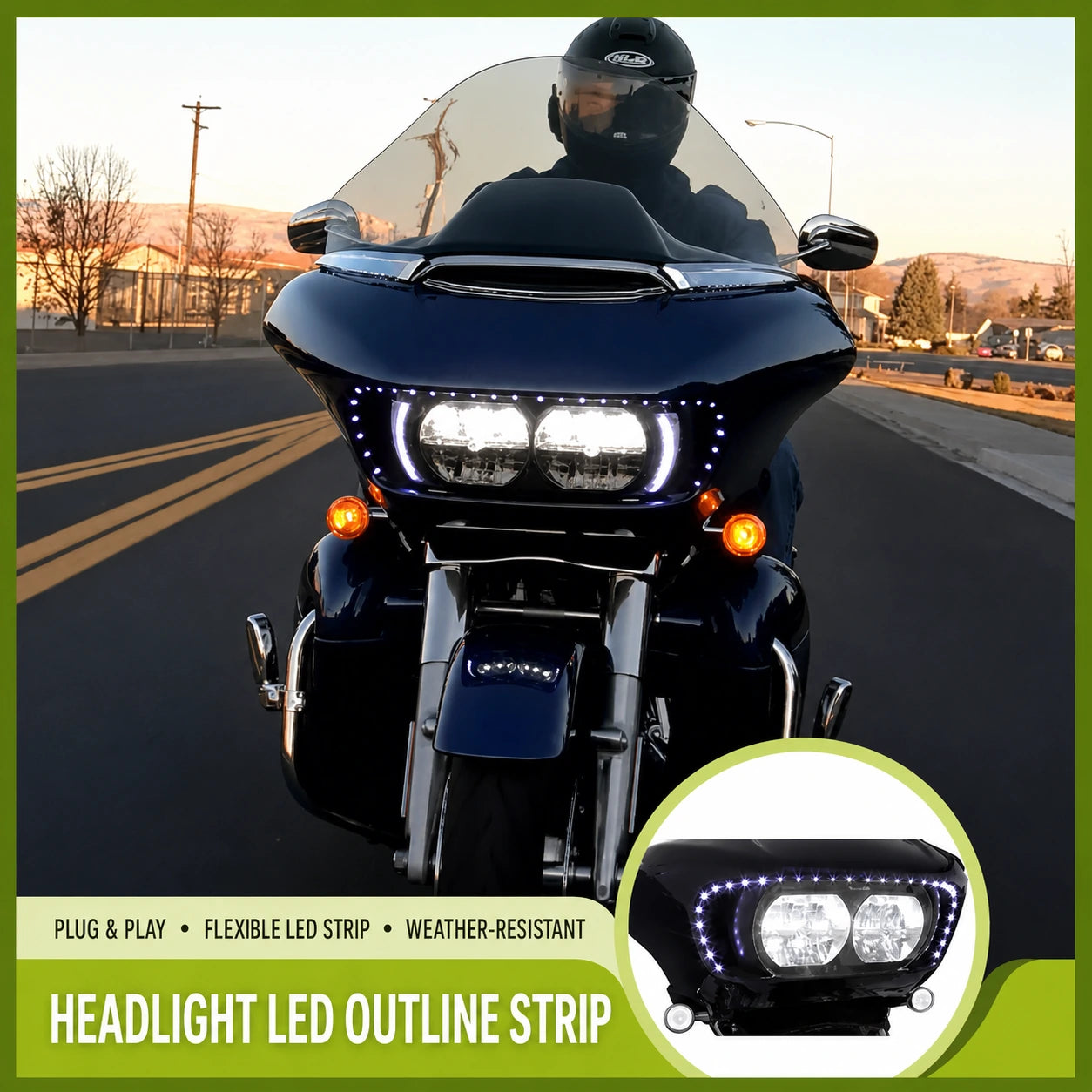 Ciro 45103 headlight LED outline strip illuminated around a Harley Road Glide dual-headlight fairing