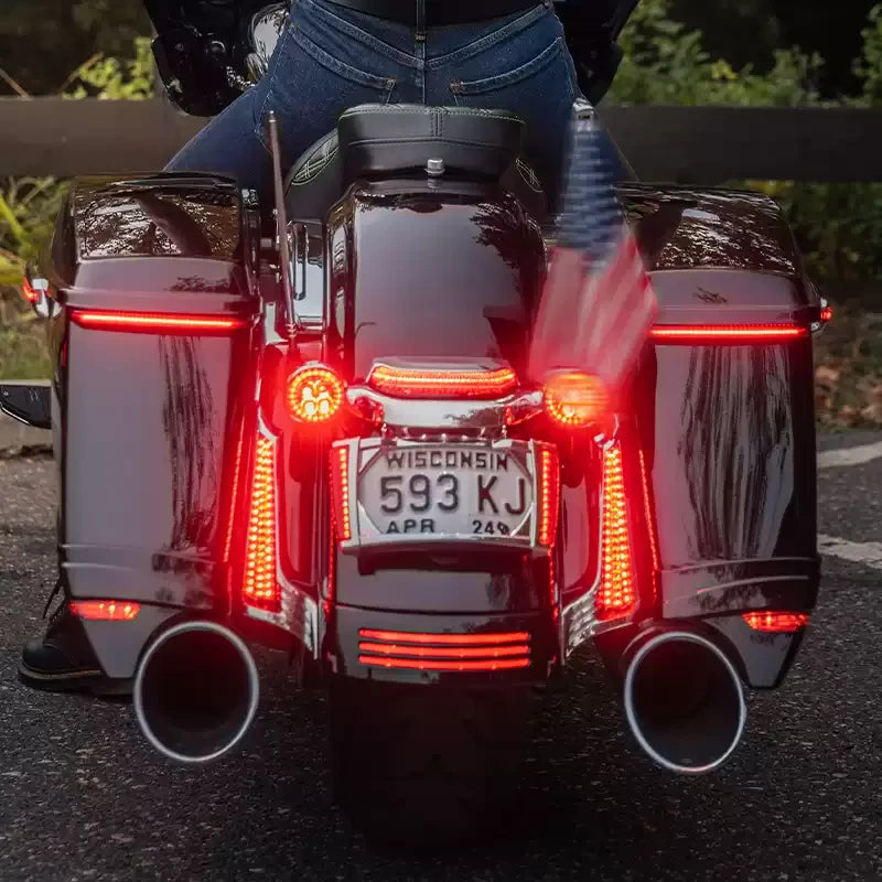 Harley Touring motorcycle with illuminated Ciro rear fender filler LED running and brake lights