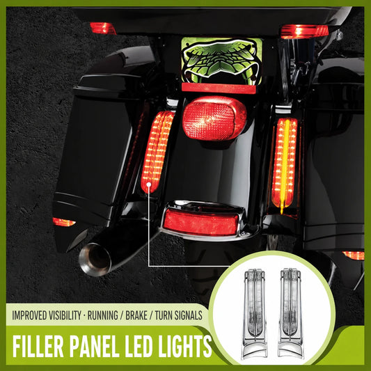 Ciro filler panel LED running brake and turn signal lights installed on Harley Touring
