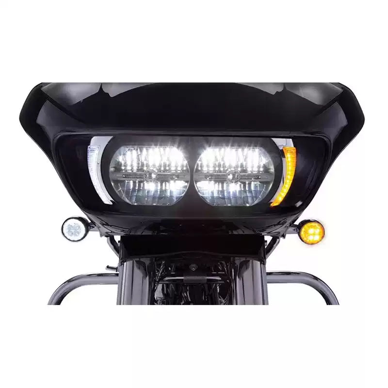 Front view of chrome Ciro LED running and turn signal light inserts for Harley Road Glide