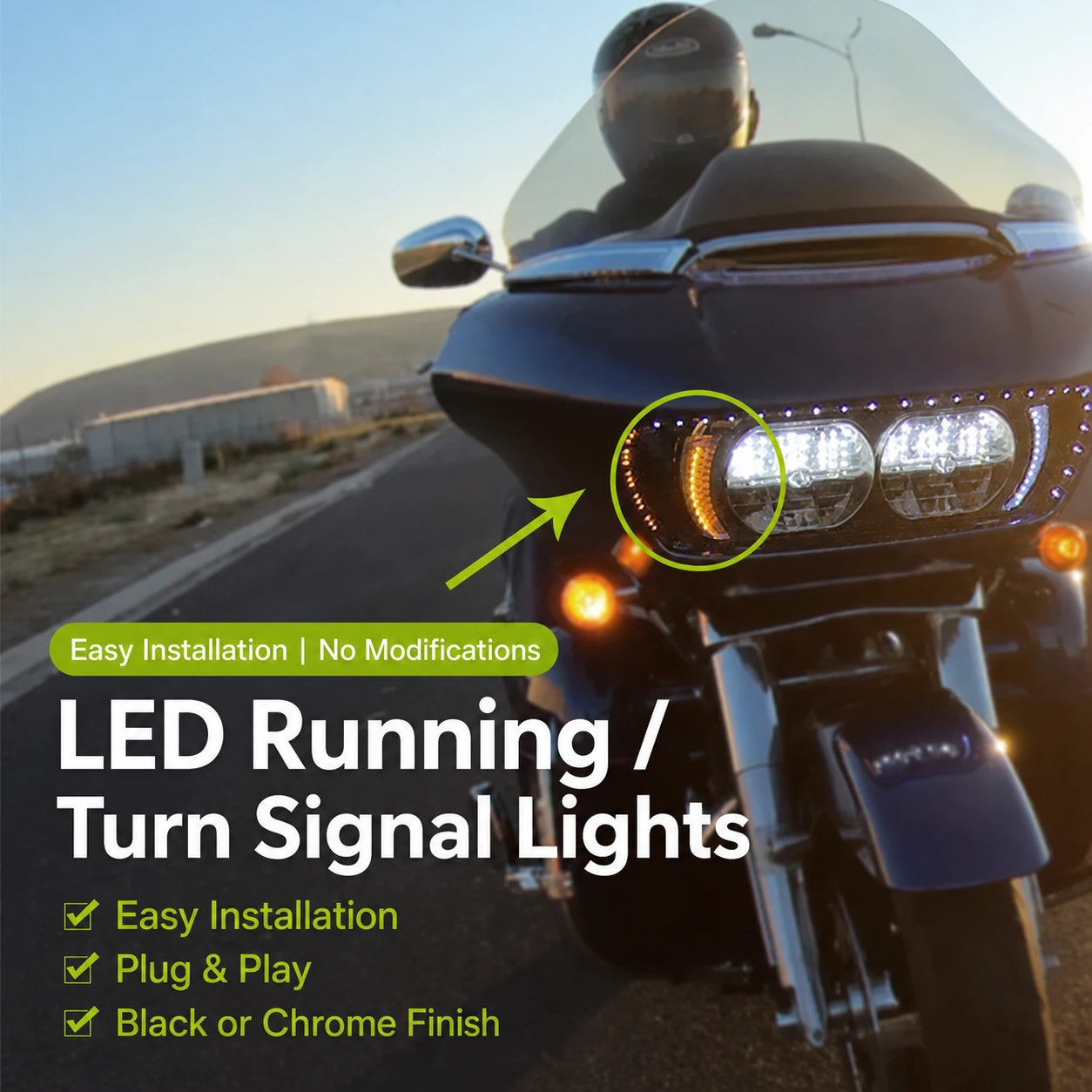 Ciro LED running and turn signal lights installed on a Harley Road Glide front fairing