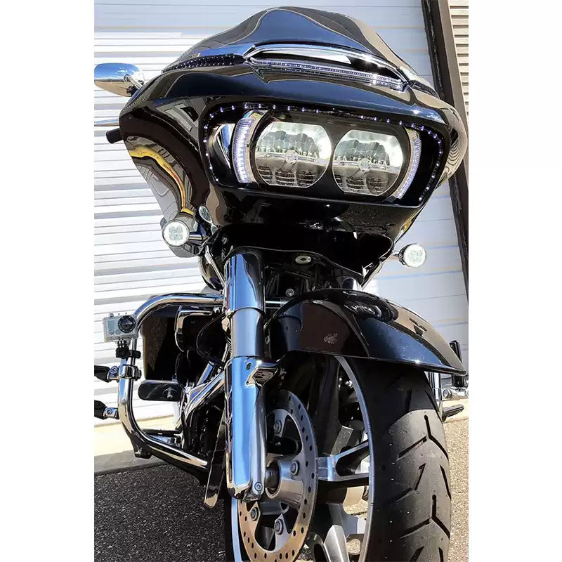 Ciro LED fairing turn signal lights illuminated on a Harley Road Glide motorcycle