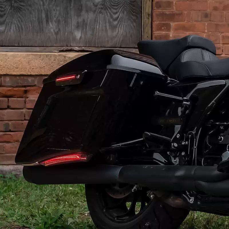 Harley Touring motorcycle with illuminated lower saddlebag LED lights