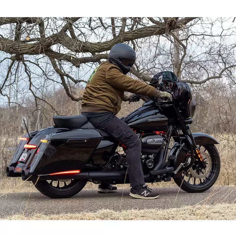 Side view of Harley Touring motorcycle fitted with lower saddlebag LED lights