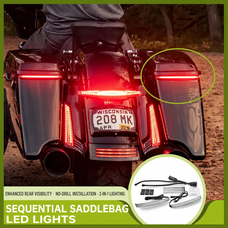 Ciro sequential LED saddlebag lights installed on a Harley touring motorcycle