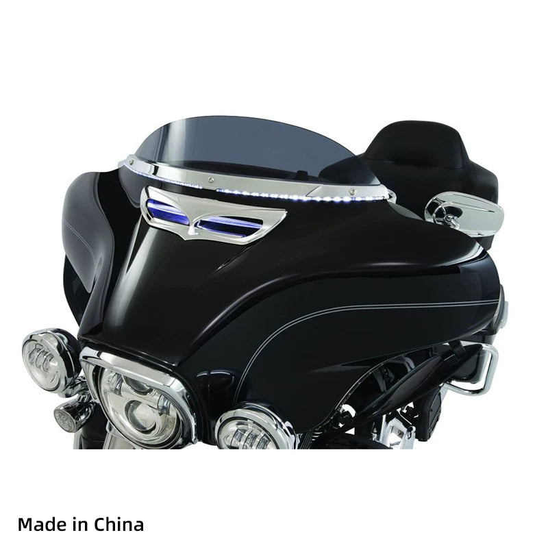 11000 chrome LED windshield trim option installed on a Harley touring fairing