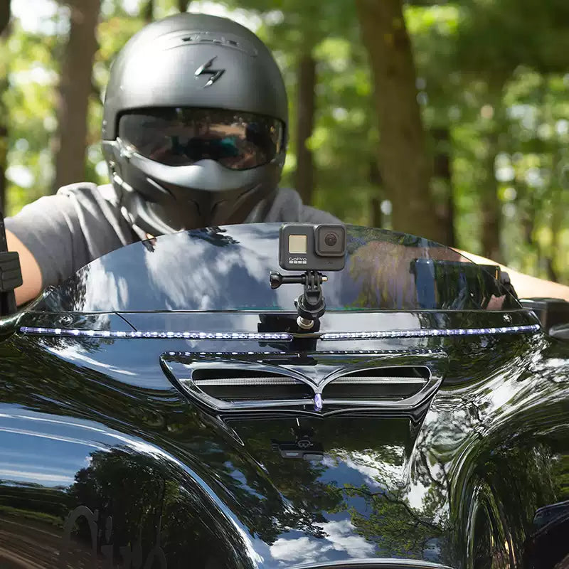 Front view of illuminated LED windshield trim on a Harley touring motorcycle