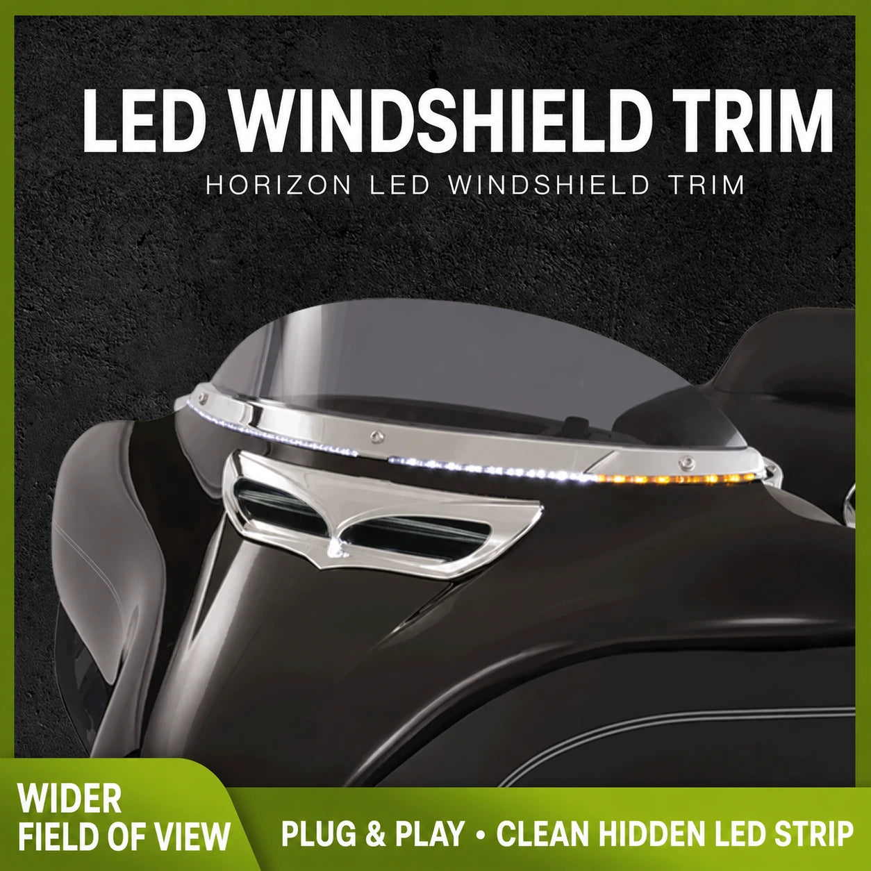 Ciro LED windshield trim installed on a Harley touring fairing with chrome finish and illuminated turn signal LEDs