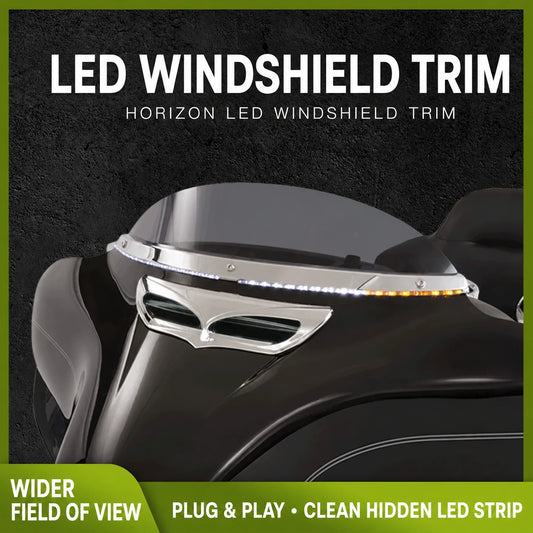 Ciro LED windshield trim installed on a Harley touring fairing with chrome finish and illuminated turn signal LEDs