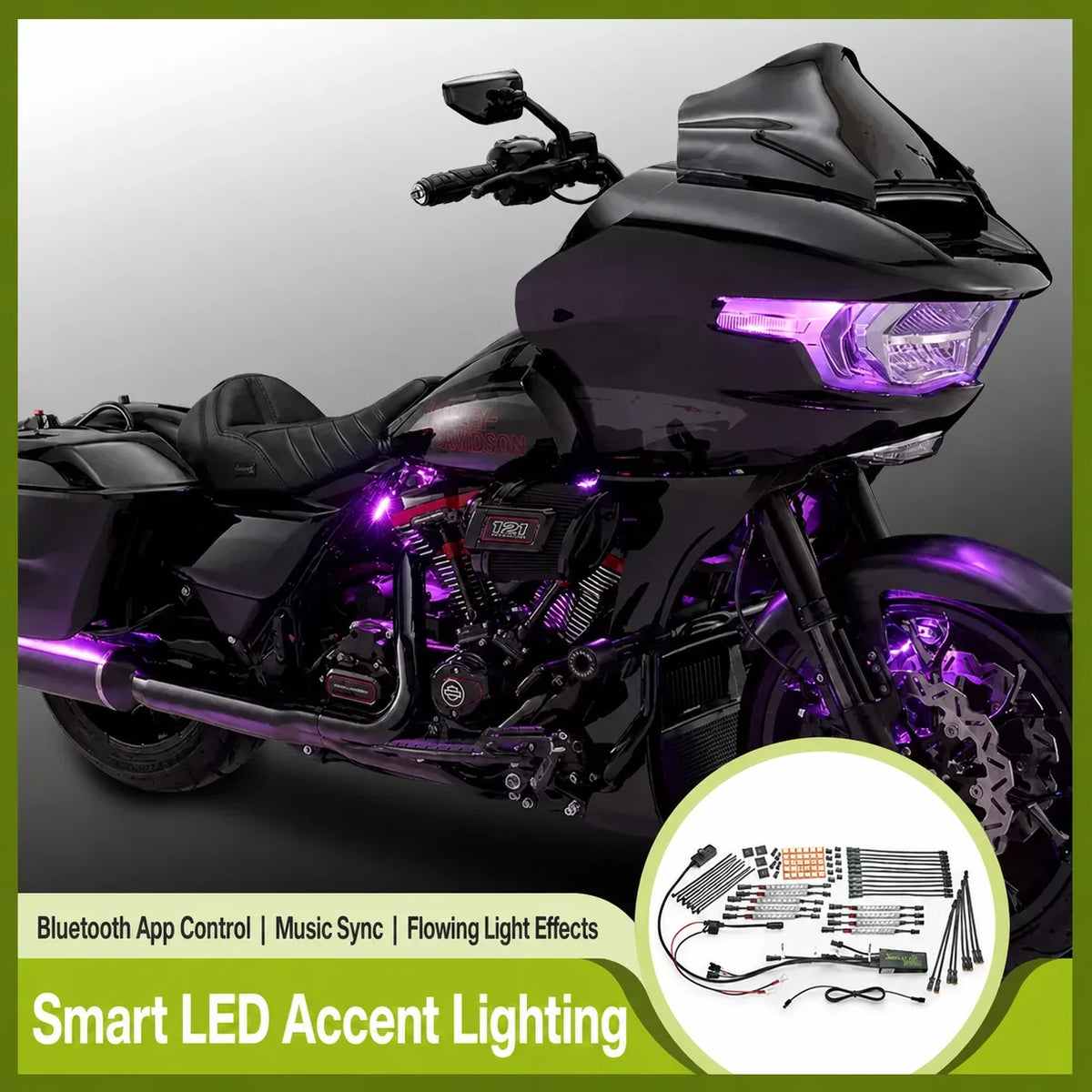 Ciro smart RGB LED accent lighting installed on a Harley-Davidson Road Glide