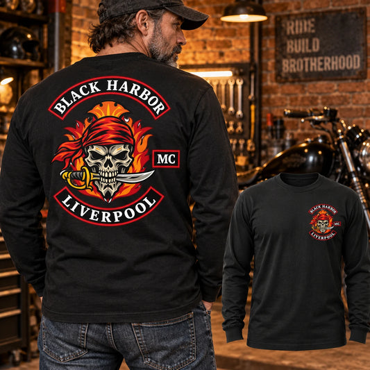 Classic black crew-neck motorcycle club long-sleeve shirt with ribbed cuffs.
