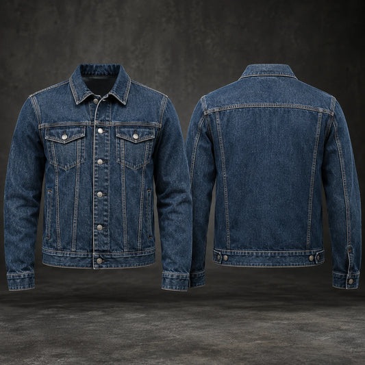 Classic indigo motorcycle club denim jacket with a broad back panel and full sleeves.