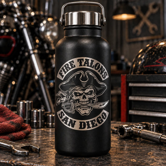matte black insulated bottle with simple screw lid prepared as motorcycle club riding gear.