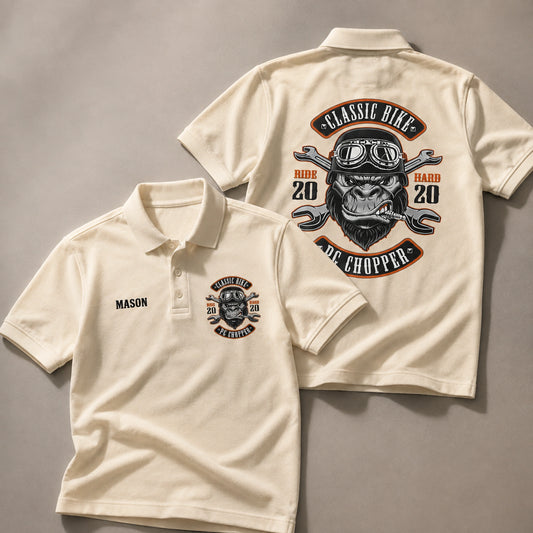 Cream Classic Bike polo samples show a textured pique weave, structured collar and placket, chest embroidery, and large back logo.