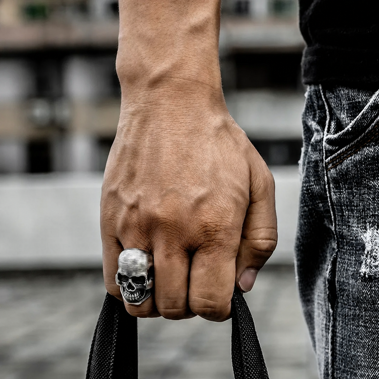 Classic Skull Sterling Silver Biker Ring - product view 5