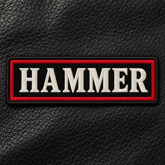 Classic straight rectangular embroidered motorcycle club name bar in a clean product close-up, showing custom motorcycle club name bar patch options.