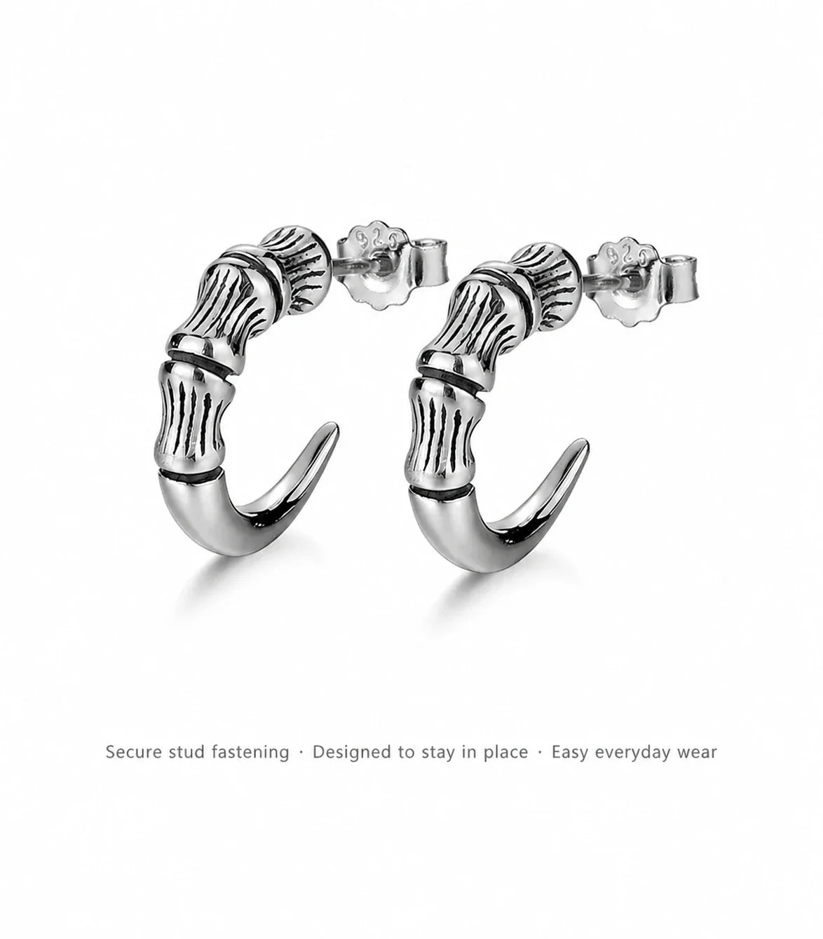 Sterling silver dragon claw stud earrings secure fastening