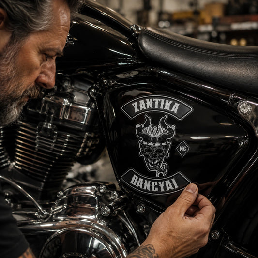 Rider inspecting a clear-background club logo sticker blended into a gloss black motorcycle side cover.