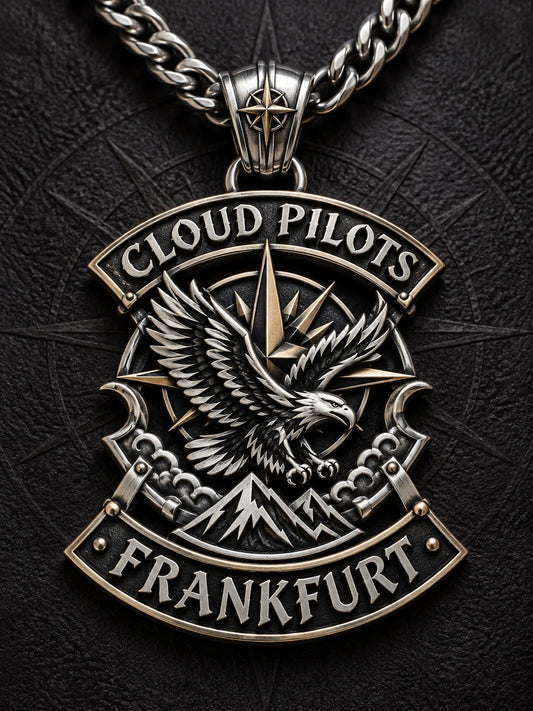 Single Cloud Pilots Frankfurt chapter identity pendant with a complete chain and clearly integrated location rocker.