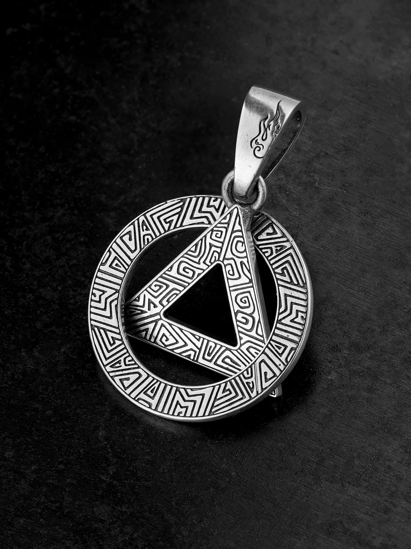 Angled view of cloud thunder geometric silver pendant