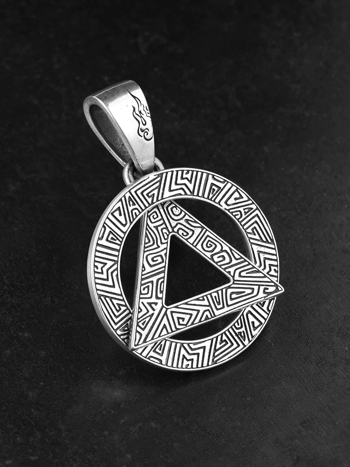 Front view of cloud thunder triangle sterling silver biker pendant