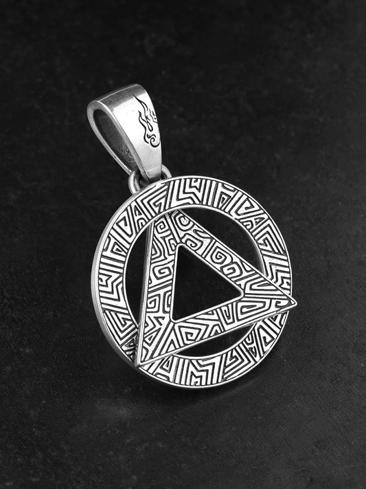 Front view of cloud thunder triangle sterling silver biker pendant