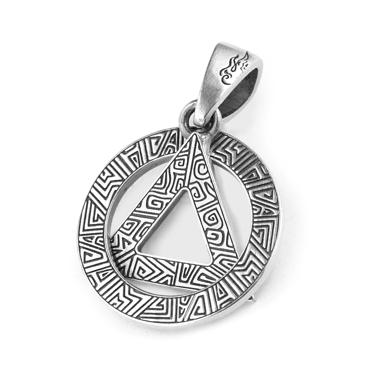 Full view of engraved cloud thunder triangle silver pendant