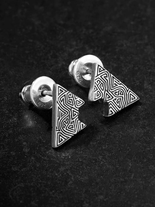 Cloud thunder triangle sterling silver biker stud earring front view