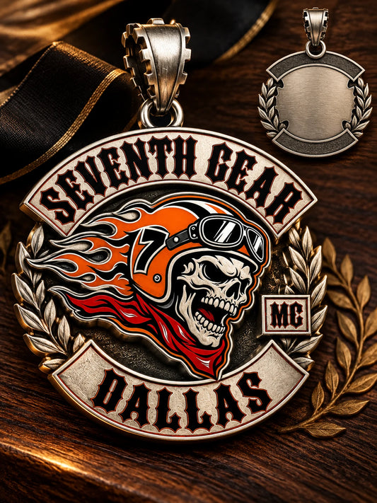 Seventh Gear motorcycle club zinc alloy pendant presented as a commemorative anniversary design.
