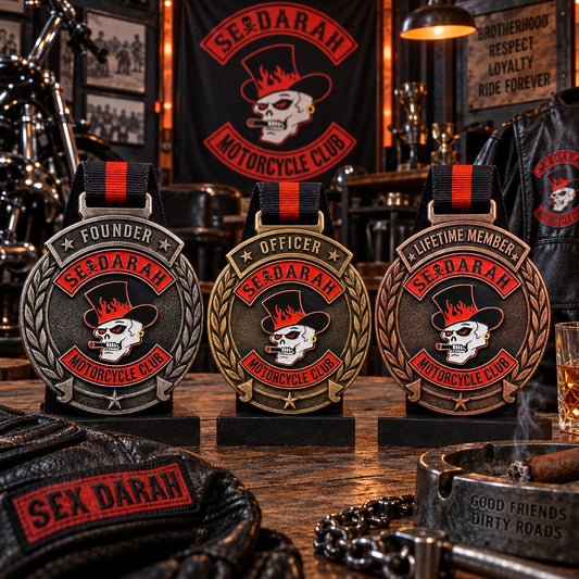 Clubhouse award night table with founder, officer and lifetime-member medals. Custom motorcycle club medal.